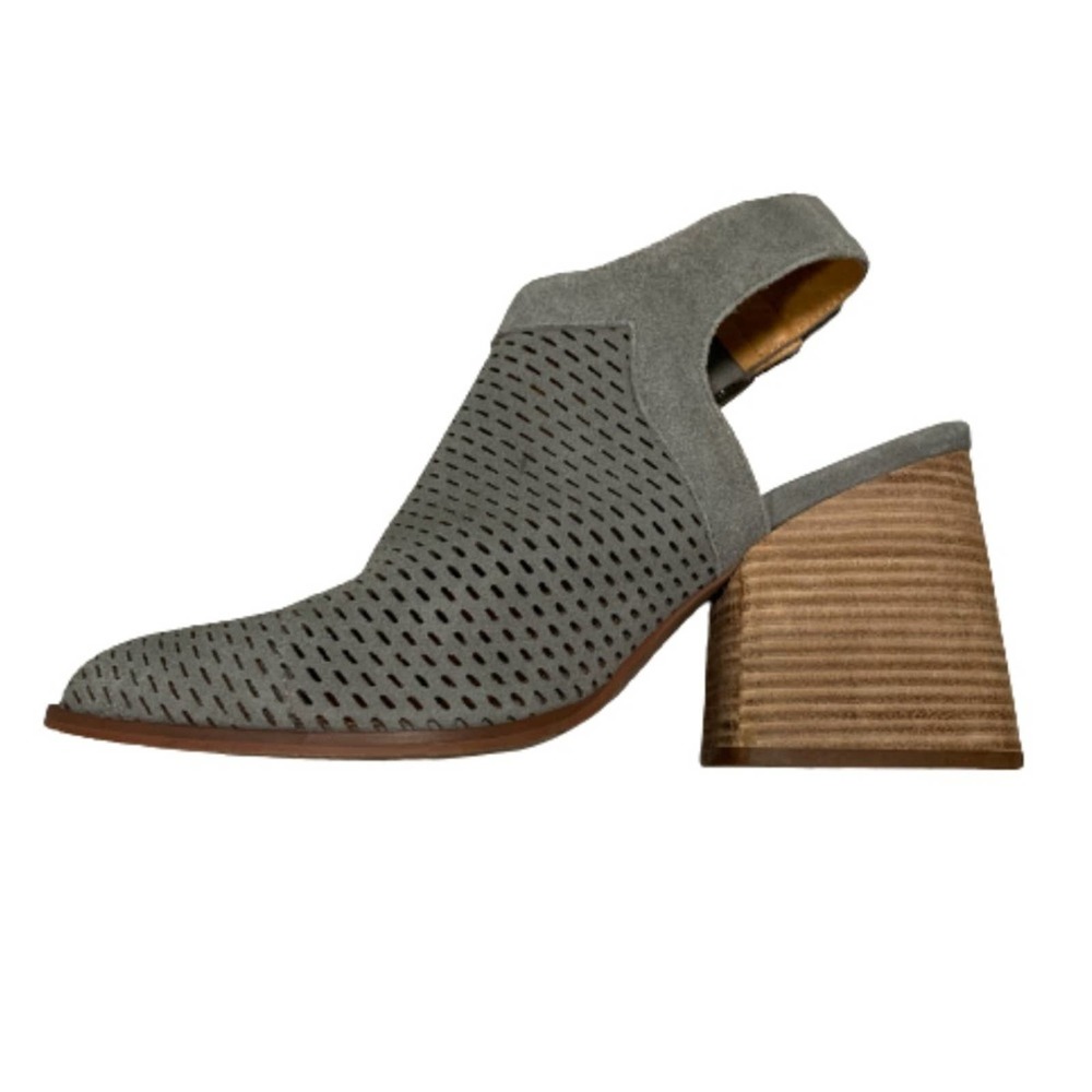 Anthropologie Gray Perforated Suede Slingback with Stacked Wood Heel